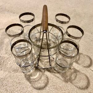 Vintage MCM Glass Dorothy Thorpe bar ware  Set with Wooden Handle glasses/bucket